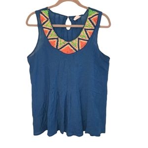 Wrangler Teal Beaded Scoop Neck Keyhole Tank Sleeveless Blouse Size Medium